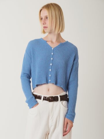 Y-Neck Cropped Knit Cardigan Blue