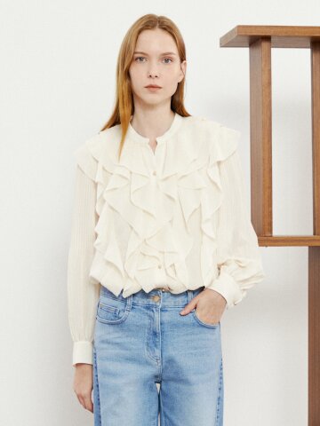 라운드 러플 플리츠 블라우스 