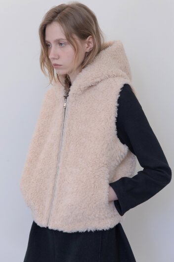 Lambswool hoodie zip up vest - Beige