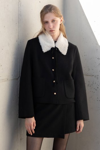 Fur collar wool hand made jacket - Black