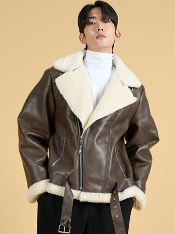 (남녀공용) 벨트탈부착 크랙 주름 오버핏 무스탕 자켓 [Brown]