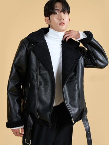 (남녀공용) 벨트탈부착 오버핏 무스탕 자켓 [All_Black]