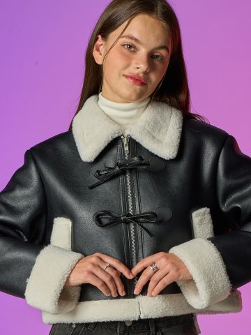 리본 크롭 레더 벨라 무스탕 자켓 [Black_White]