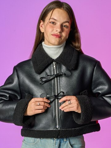 리본 크롭 레더 벨라 무스탕 자켓 [All_Black]