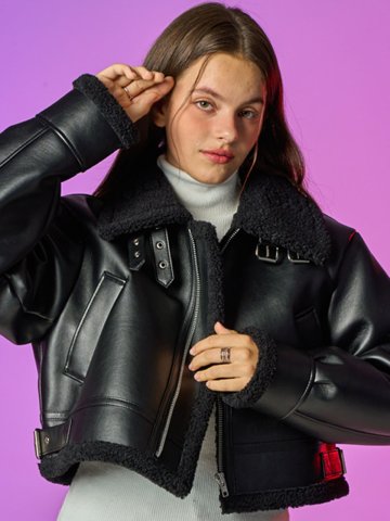 [크롭 ver.] 블러드 셔링 양털 플리스 레더 무스탕 자켓 [All_Black]