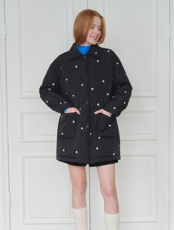 Heart-patterned Padding Half Coat_Black
