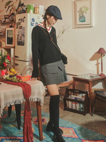레이어드 체크 플리츠 큐롯 스커트 (그레이)