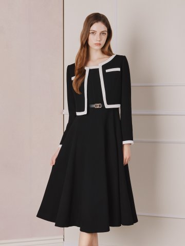 울 배색 플레어 원피스 +재킷 세트 