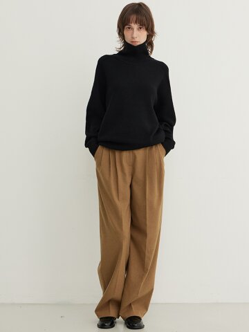 Wool Blend Wide Pleated Slacks_CARAMEL