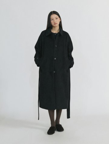 Merino Wool Balmacaan Loose Fit Belted Coat_BLACK