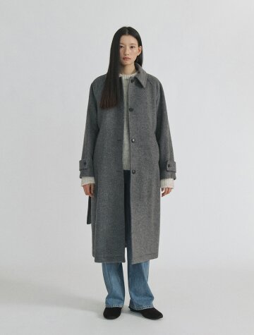 Merino Wool Balmacaan Loose Fit Belted Coat_GREY