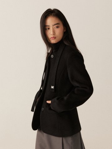 단아한 타이 울 자켓 - 블랙