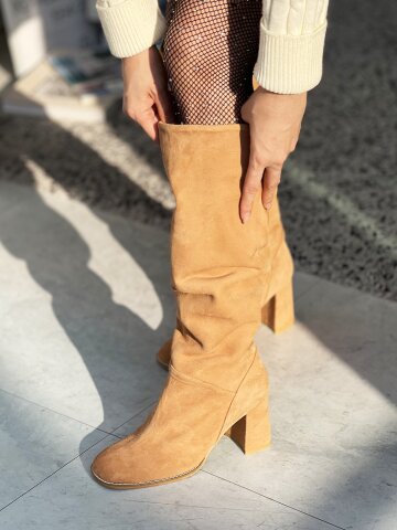 Suede Pop Long Boots - Camel Brown