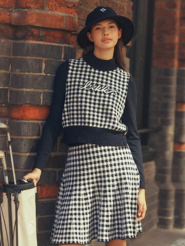 깅엄 체크 플레어 니트 스커트 (블랙)
