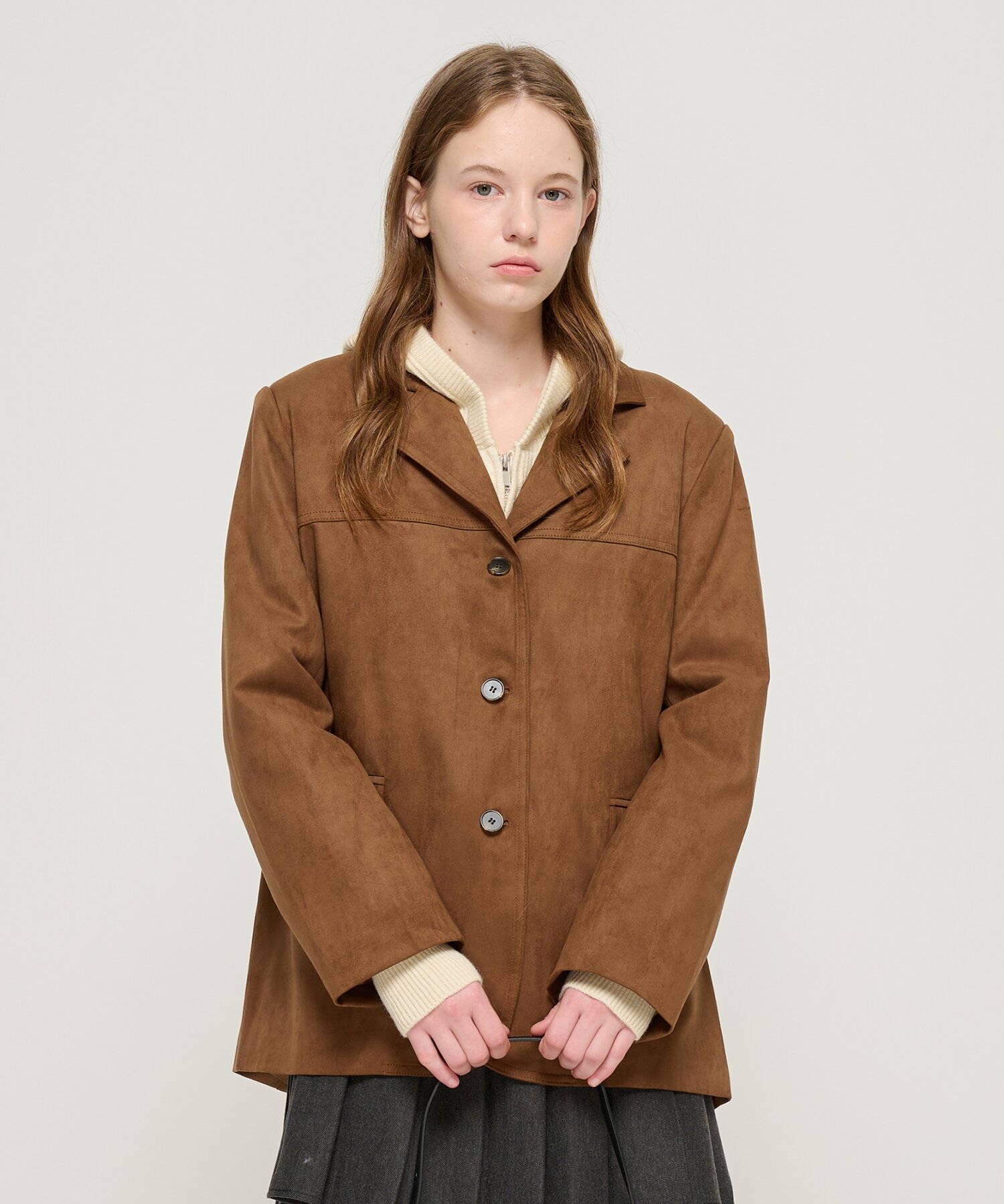 카라 포인트 스웨이드 버튼업 자켓 (브라운)