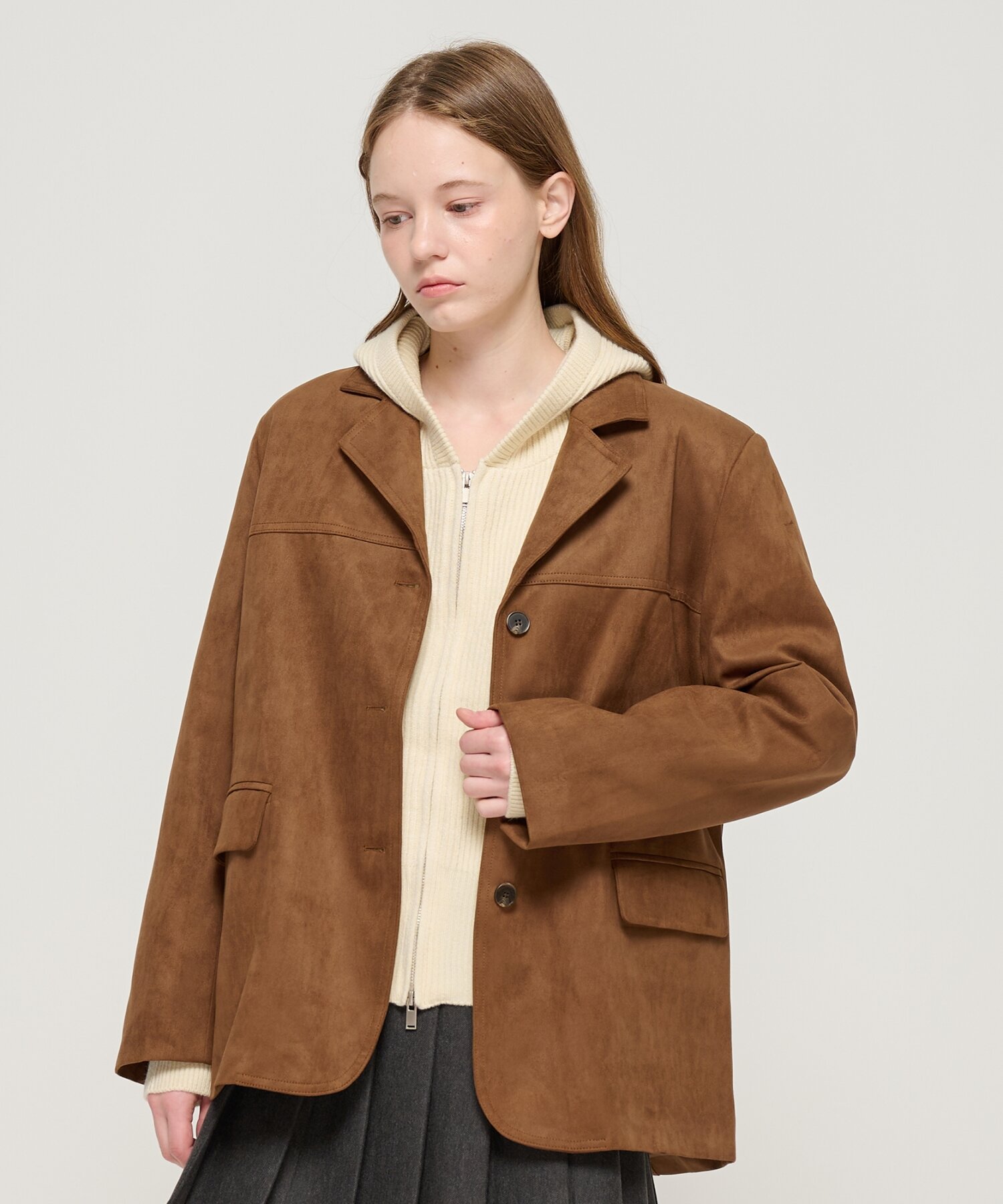 카라 포인트 스웨이드 버튼업 자켓 (브라운)