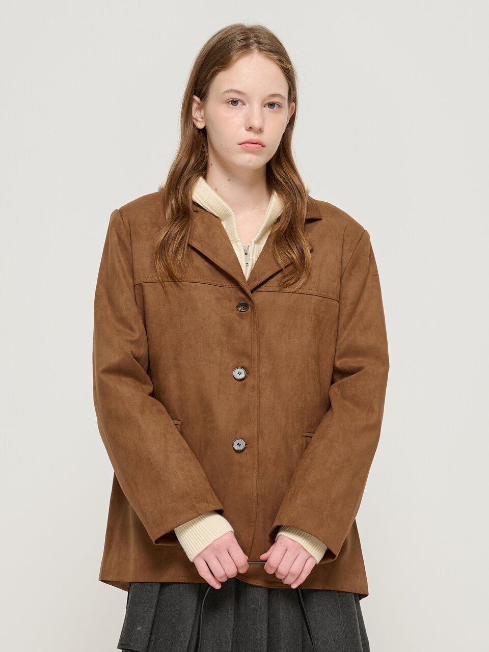 카라 포인트 스웨이드 버튼업 자켓 (브라운)