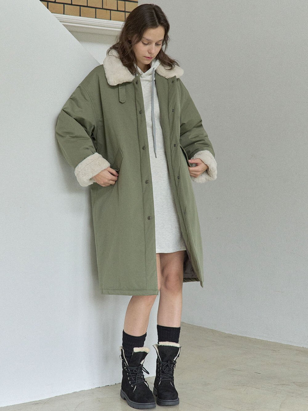 Safari Fur Long Padding Jumper - KHAKI