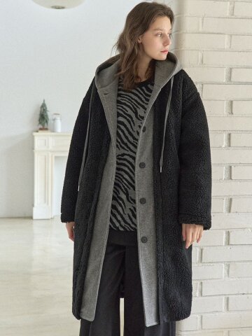 Buckle Padding Hood Long Jumper - BLACK