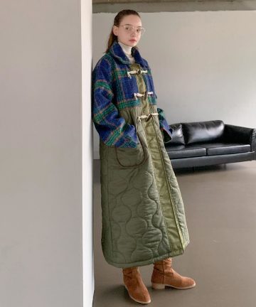 체크 믹스 퀼팅 롱 더플 코트