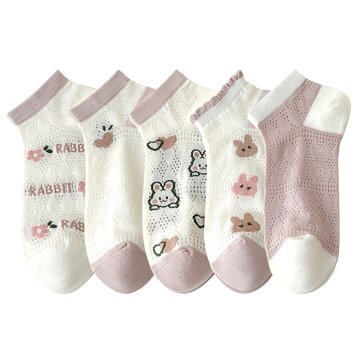여성 키치 핑크 토끼 펀칭 단목 양말 5켤레