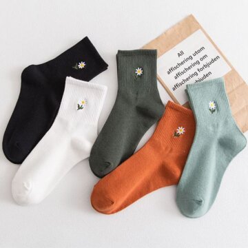 여성 데이지 플라워 자수 밴딩 양말 5켤레