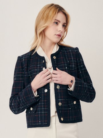 체크 버튼 장식 라운드넥 재킷 