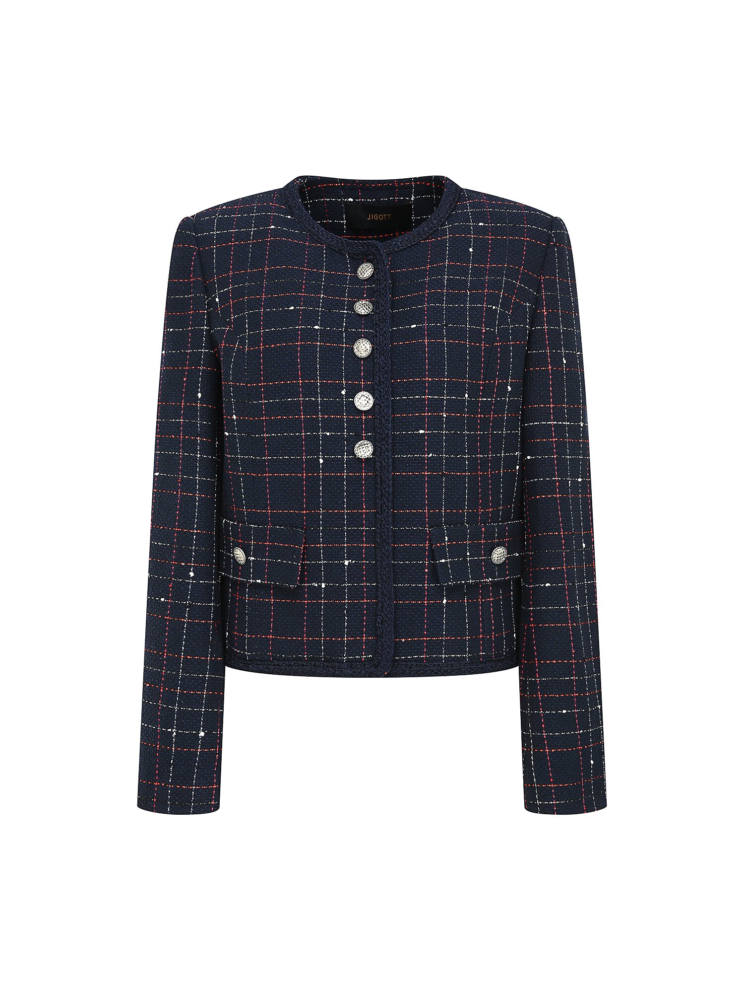 체크 버튼 장식 라운드넥 재킷 (CHECK NAVY)