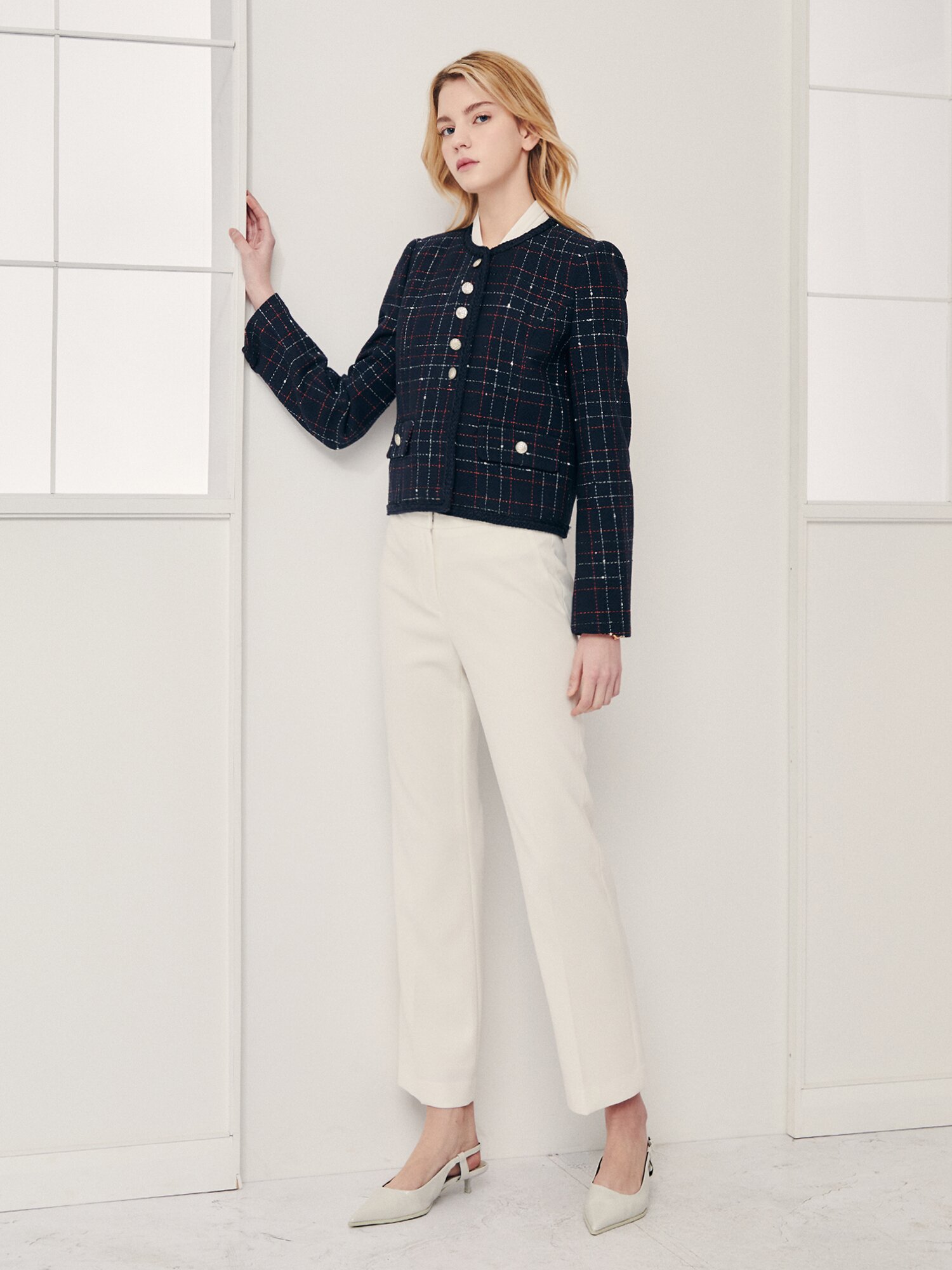 체크 버튼 장식 라운드넥 재킷 (CHECK NAVY)