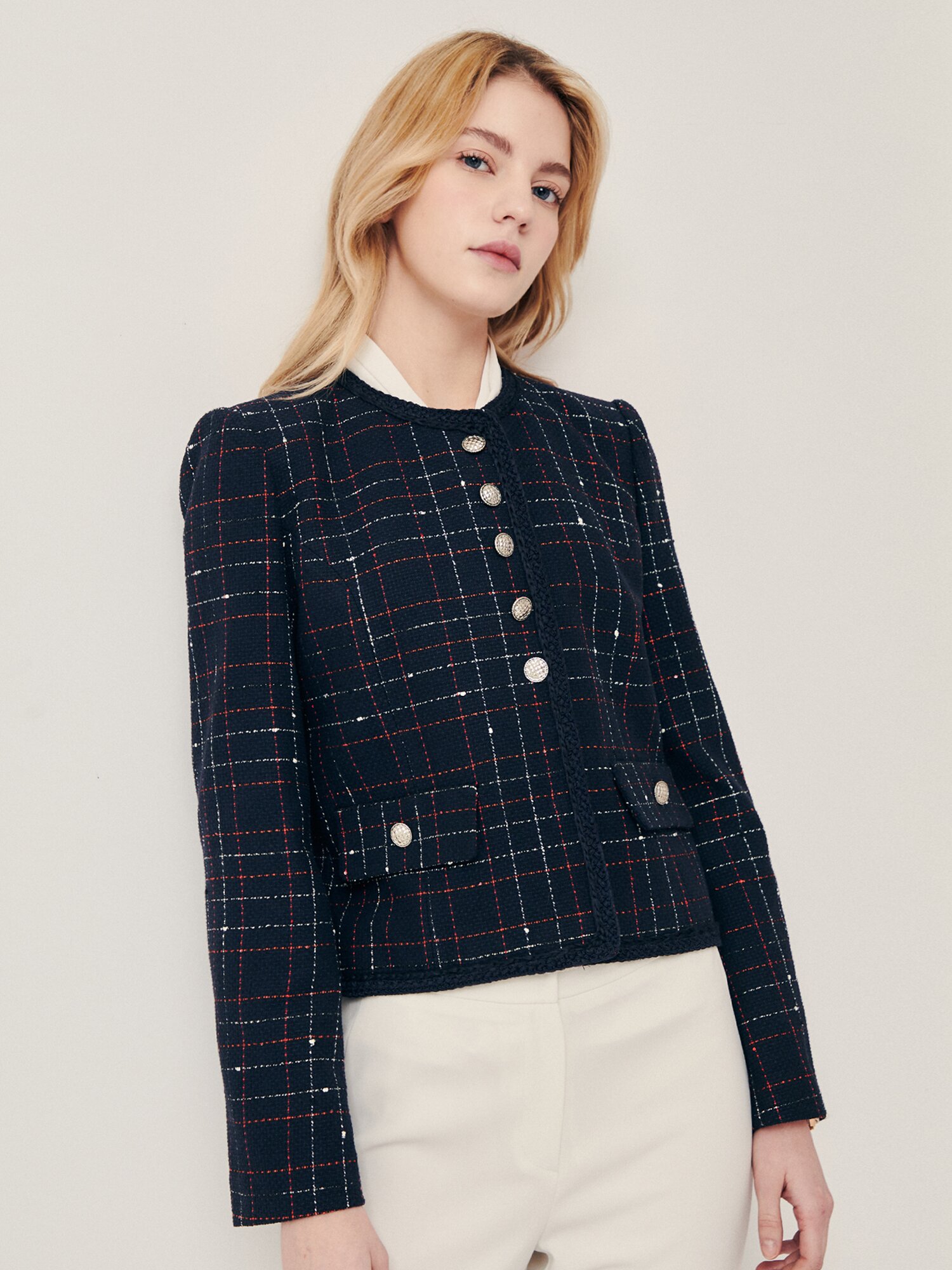 체크 버튼 장식 라운드넥 재킷 (CHECK NAVY)