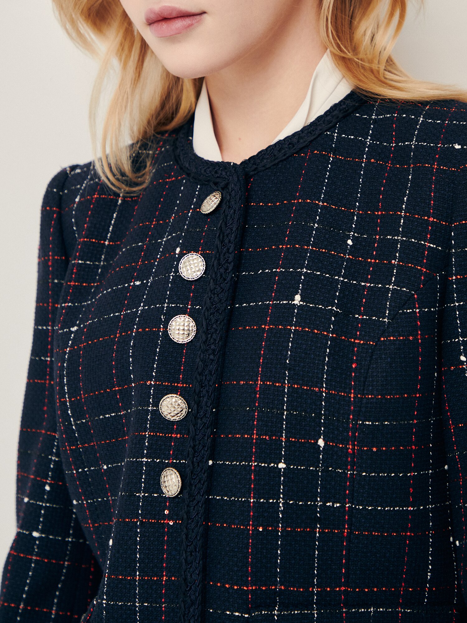 체크 버튼 장식 라운드넥 재킷 (CHECK NAVY)