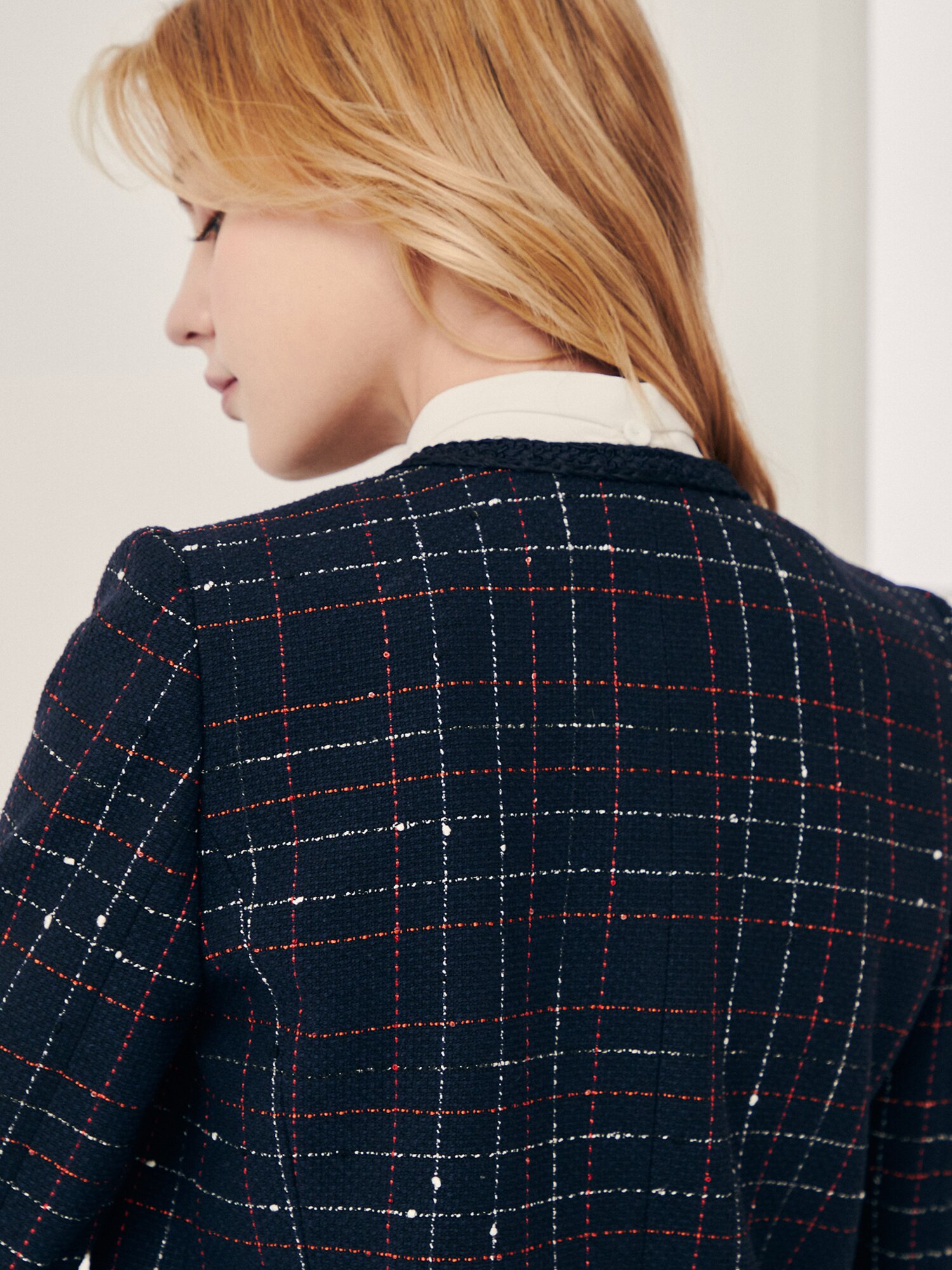 체크 버튼 장식 라운드넥 재킷 (CHECK NAVY)