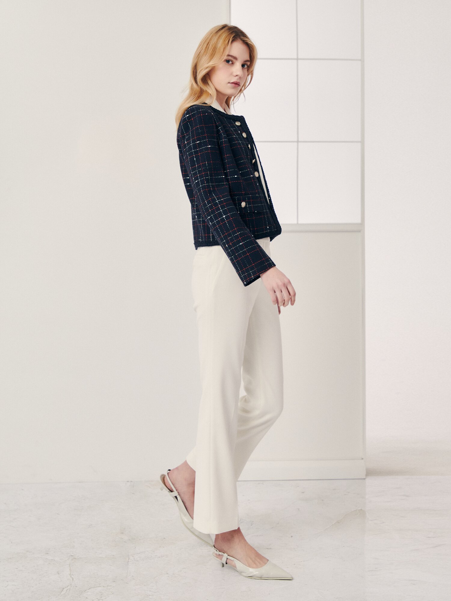 체크 버튼 장식 라운드넥 재킷 (CHECK NAVY)