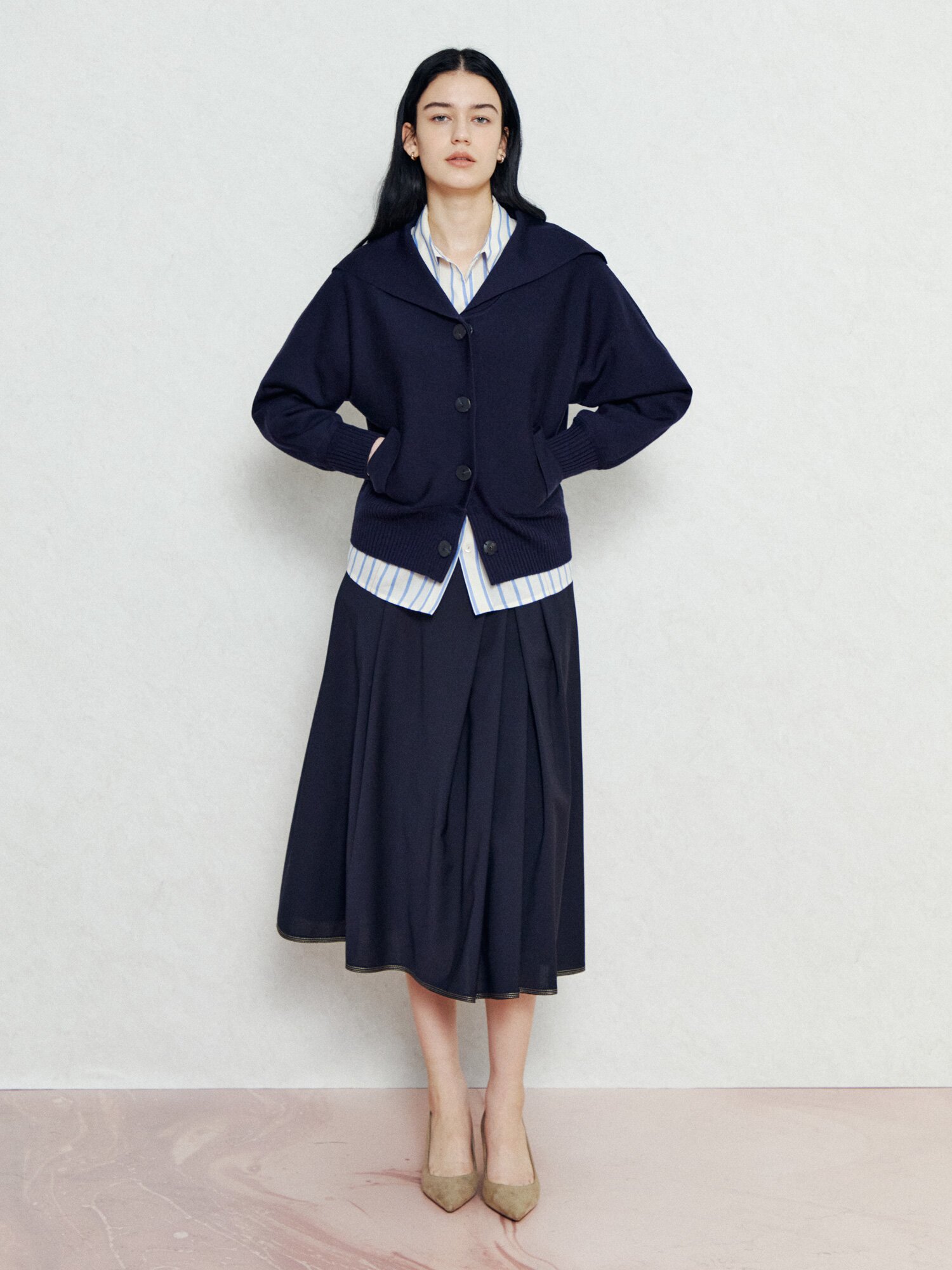 브이넥 오픈칼라 니트 가디건 (NAVY)