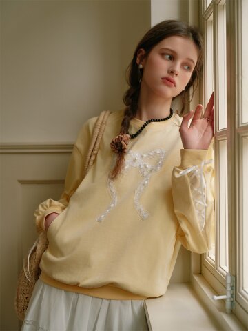 Cest_Lace line ribbon sweatshirt