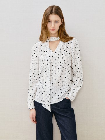 도트 타이 브이넥 블라우스 
