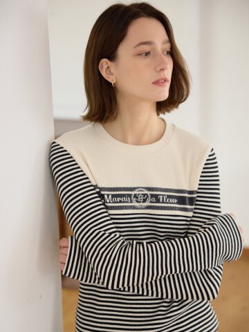 골지 스트라이프 자수 티셔츠 