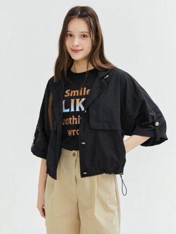 롤업 스트링 후드 크롭 점퍼 