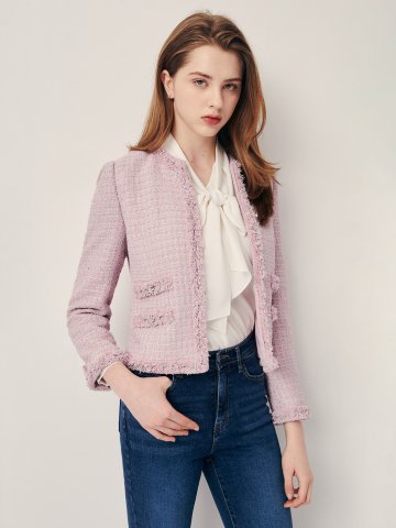 트위드 프린지 라운드넥 재킷 