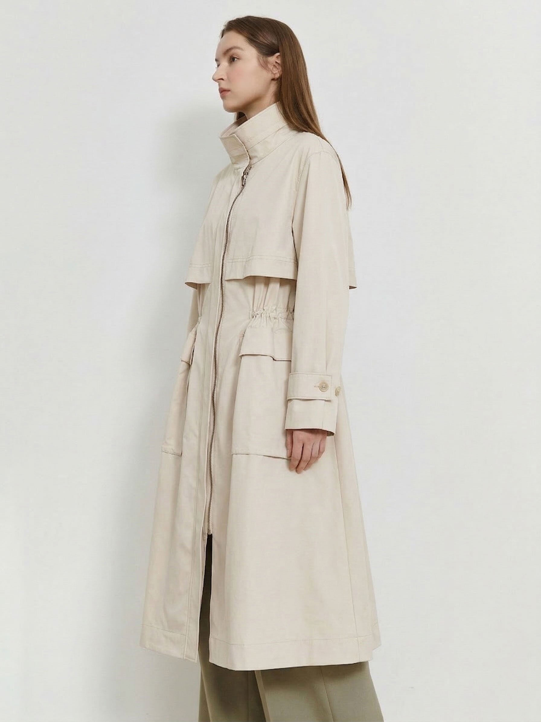 스트링 하이넥 롱 트렌치 코트 (BEIGE)
