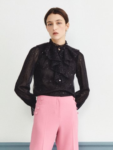 러플 도트 튤 프릴넥 블라우스 