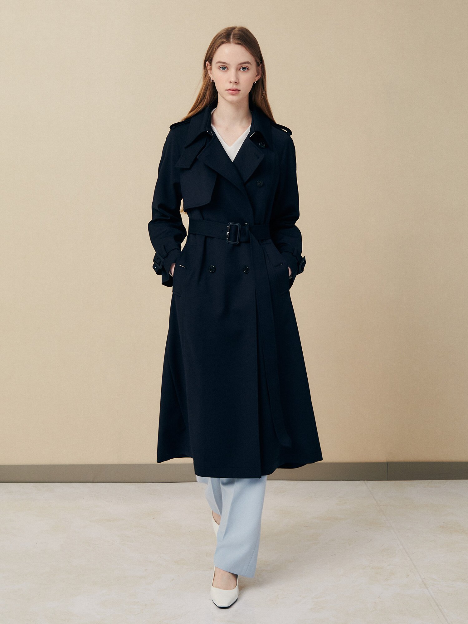 모던 벨티드 롱 트렌치 코트 재킷 (NAVY)