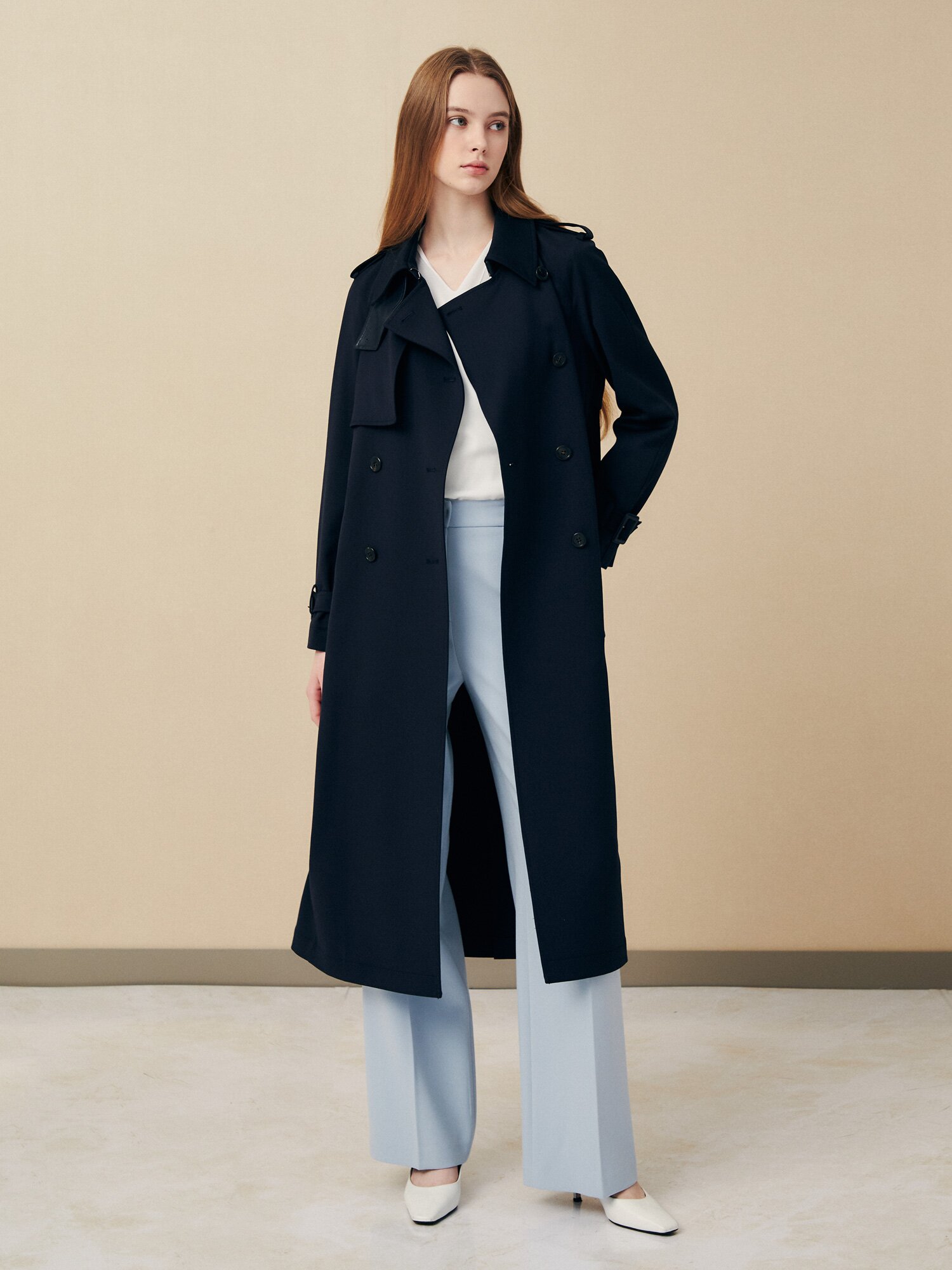 모던 벨티드 롱 트렌치 코트 재킷 (NAVY)