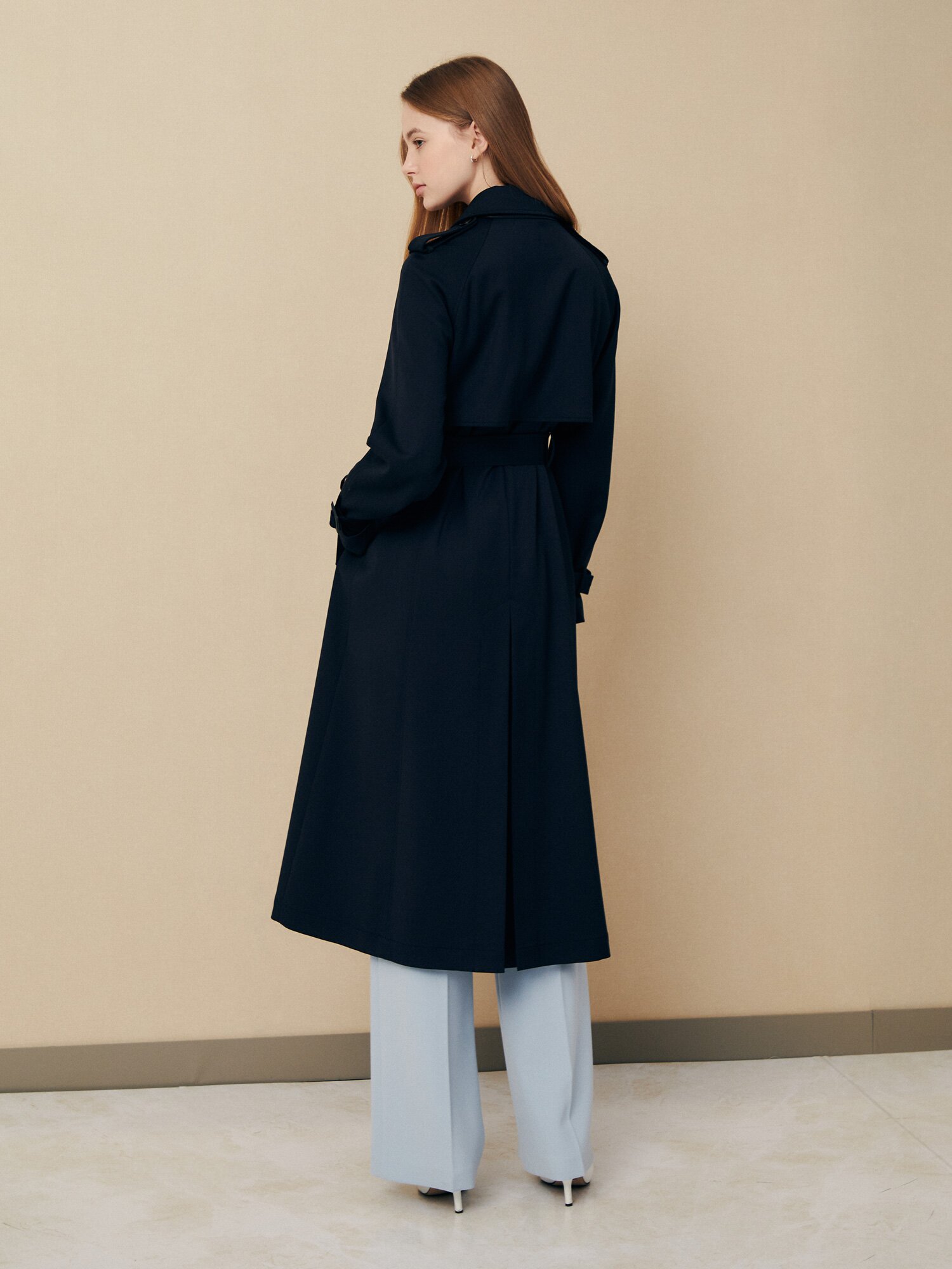 모던 벨티드 롱 트렌치 코트 재킷 (NAVY)