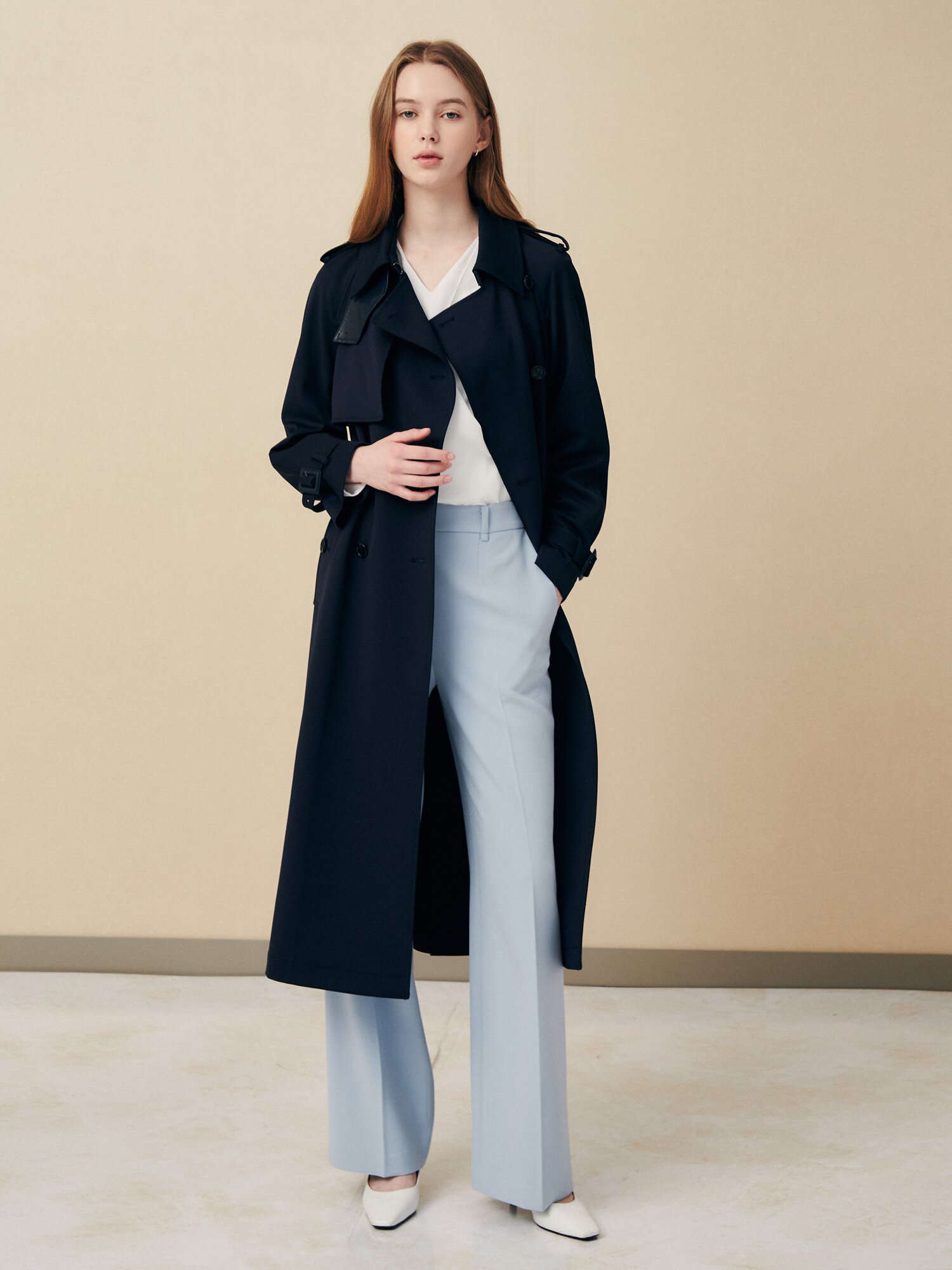 모던 벨티드 롱 트렌치 코트 재킷 (NAVY)