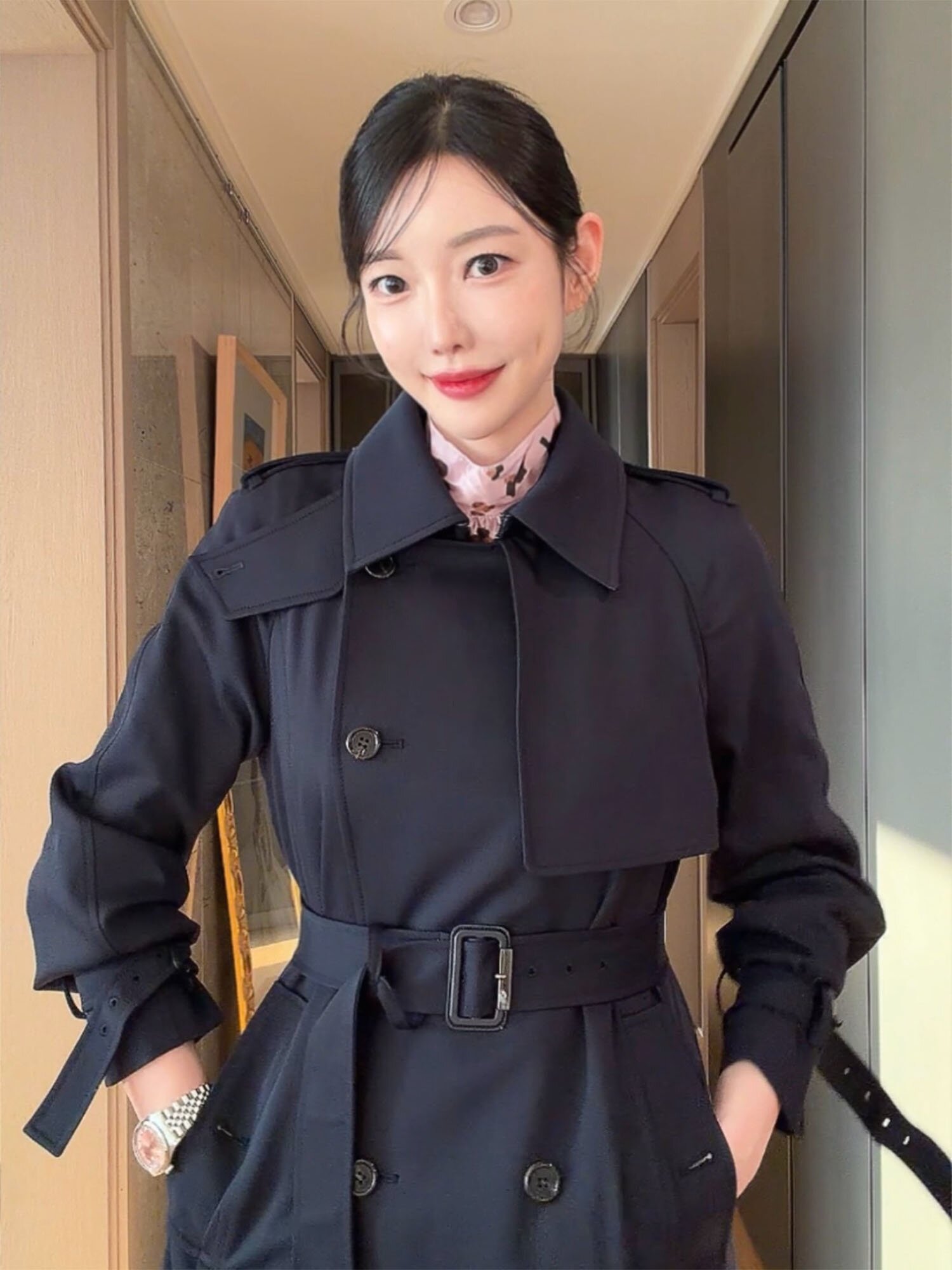 모던 벨티드 롱 트렌치 코트 재킷 (NAVY)