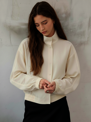 셔링 하이넥 블루종 점퍼 