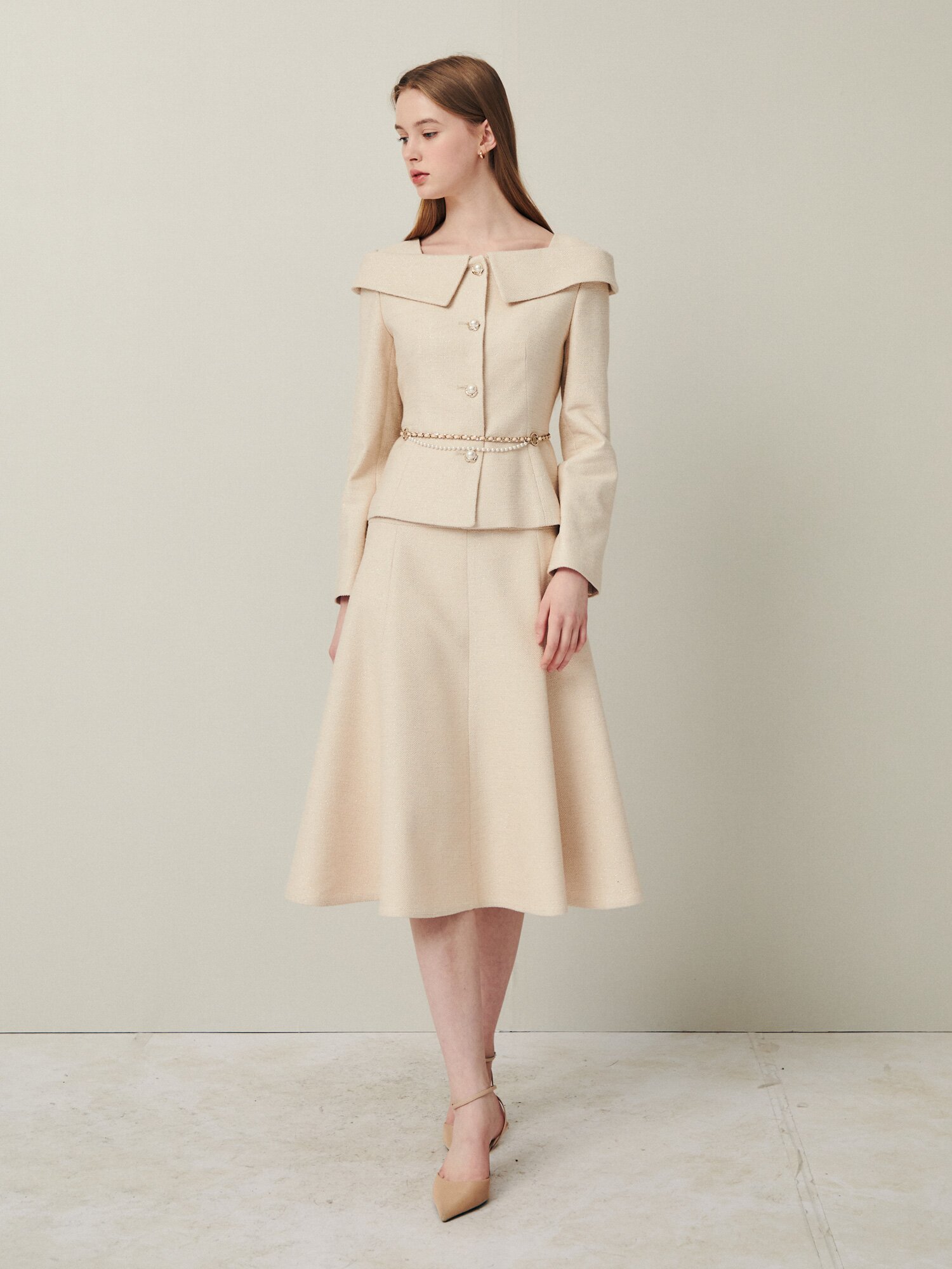 펄 글리터 A라인 플레어 스커트 (PALE BEIGE)