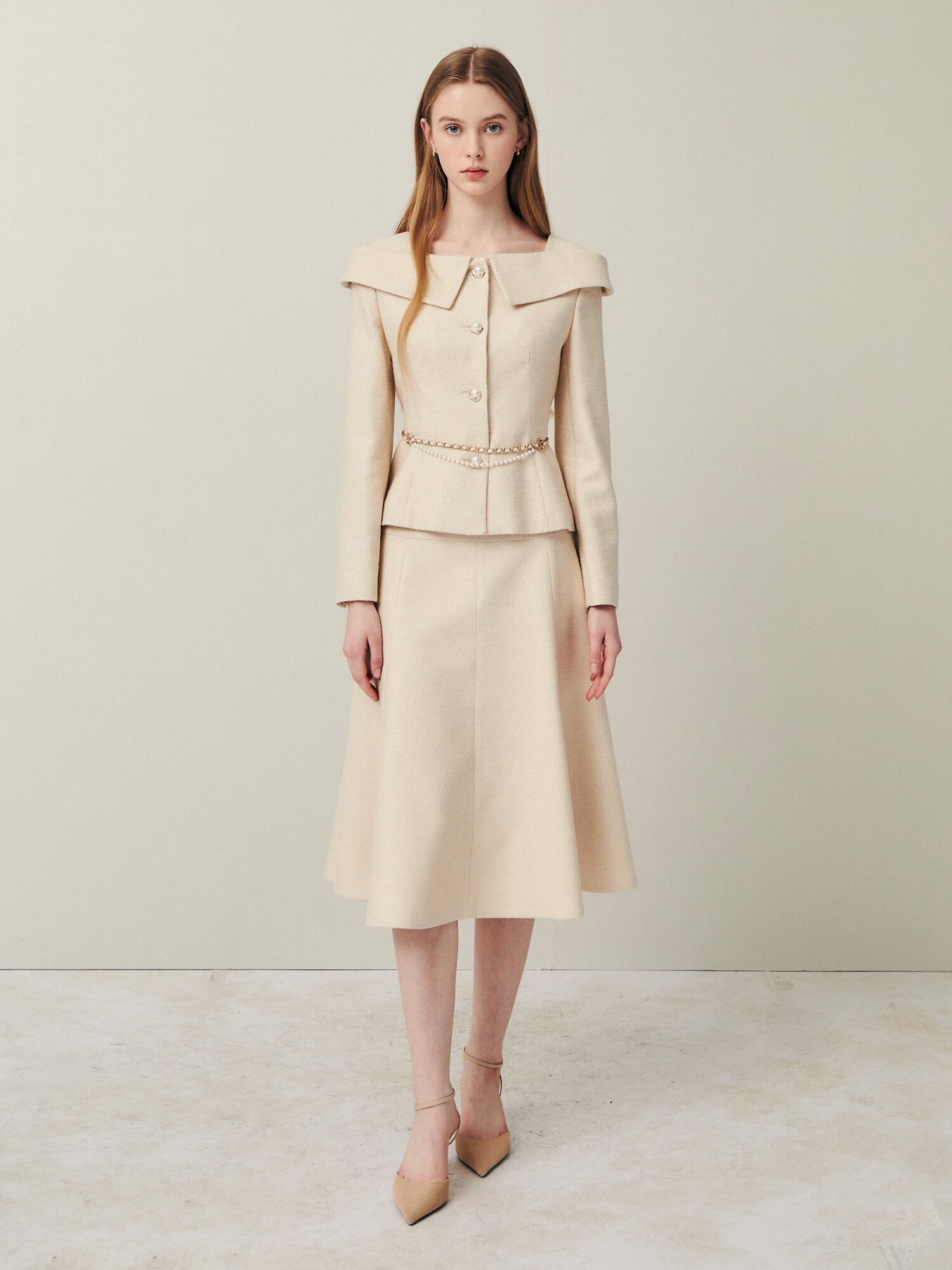 펄 글리터 A라인 플레어 스커트 (PALE BEIGE)