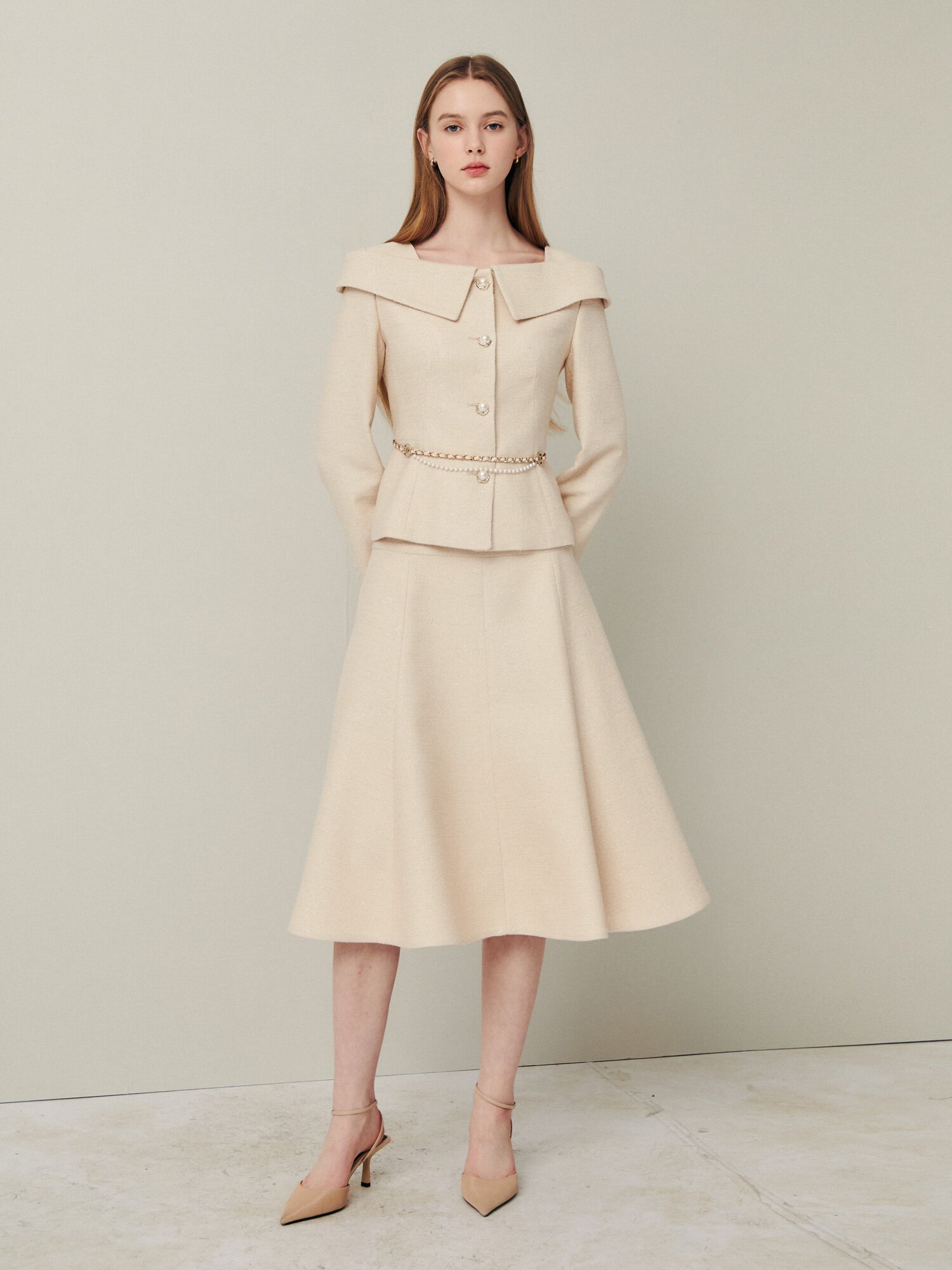 펄 글리터 A라인 플레어 스커트 (PALE BEIGE)